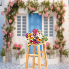 Aperturee - Blue Door Floral Leaf Spring Backdrop For Photograph