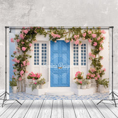 Aperturee - Blue Door Floral Leaf Spring Backdrop For Photograph