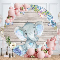 Aperturee - Blue Elephant And Floral Round Wood Baby Shower Backdrop