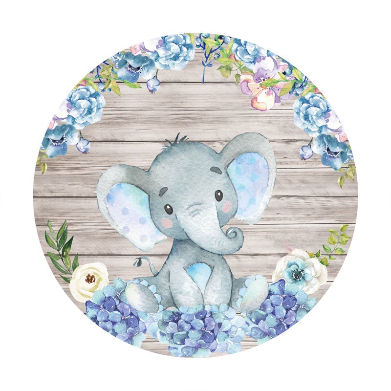 Aperturee - Blue Elephant And Floral Round Wood Baby Shower Backdrop