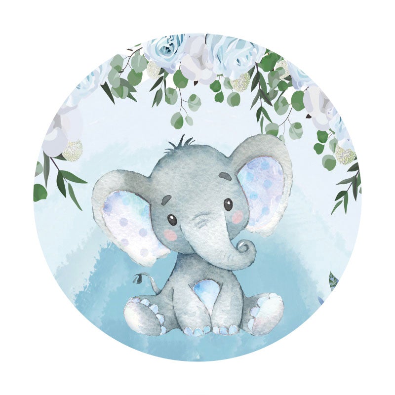 Aperturee - Blue Elephant And Leaves Circle Baby Shower Backdrop
