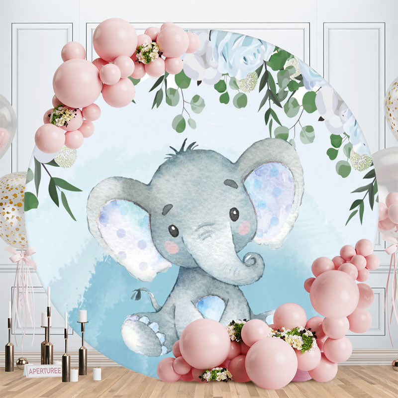 Aperturee - Blue Elephant And Leaves Circle Baby Shower Backdrop