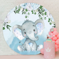 Aperturee - Blue Elephant And Leaves Circle Baby Shower Backdrop