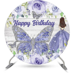 Aperturee - Blue Floral Butterfly Wooden Round Birthday Backdrop