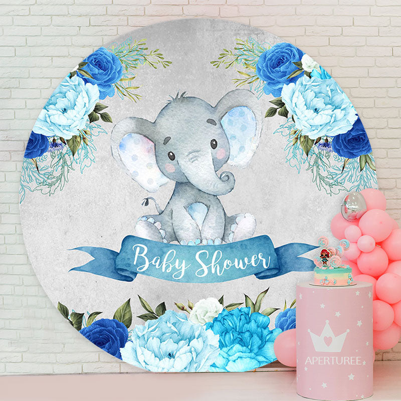 Aperturee - Blue Floral Elephant Boy Baby Shower Backdrop