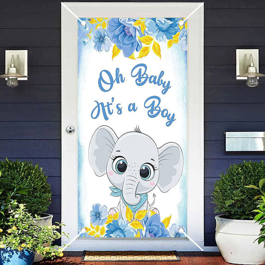 Aperturee - Blue Floral Elephant Boys Baby Shower Door Cover