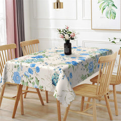 Aperturee - Blue Floral Green Leaves Spring Rectangle Tablecloth