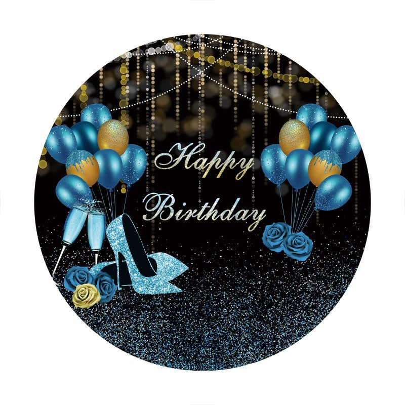 Aperturee - Blue Glitter And Gold Bokeh Round Birthday Backdrop