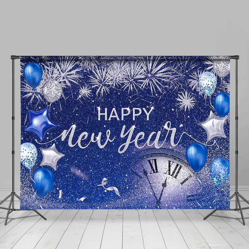 Aperturee - Blue Glitter Balloon Sparkle Happy New Year Backdrop