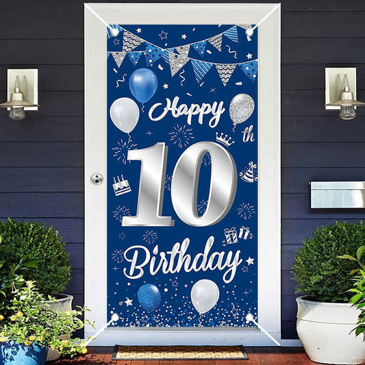 Aperturee - Blue Glitter Flags Balloon 10th Birthday Door Cover