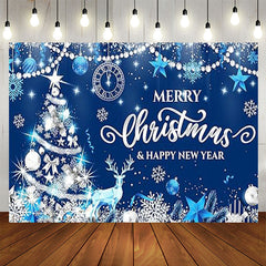 Aperturee - Blue Glitter Xmas Tree Elk Merry Christmas Backdrop