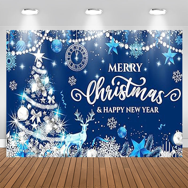 Aperturee - Blue Glitter Xmas Tree Elk Merry Christmas Backdrop
