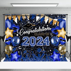 Aperturee - Blue Gold Glitter Balloons Congrats 2023 Grad Backdrop