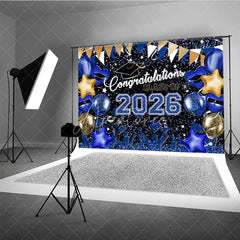 Aperturee - Blue Gold Glitter Balloons Congrats 2026 Grad Backdrop