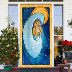 Aperturee - Blue Gold Holy Woman Baby Merry Christmas Door Cover