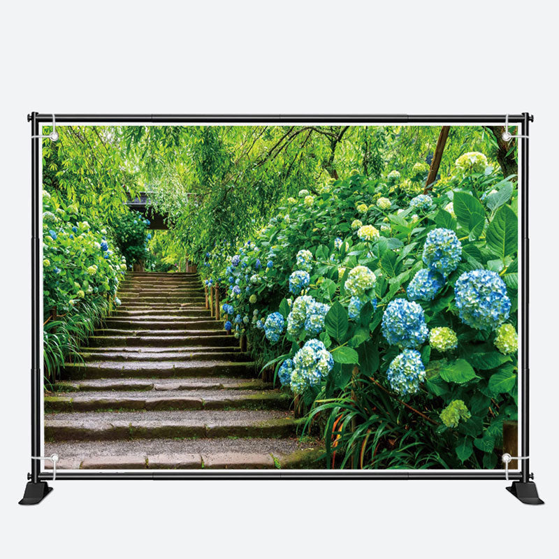 Aperturee - Blue Hydrangeas Brick Stairs Forest Spring Backdrop
