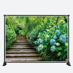 Aperturee - Blue Hydrangeas Brick Stairs Forest Spring Backdrop