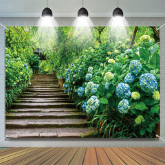 Aperturee - Blue Hydrangeas Brick Stairs Forest Spring Backdrop