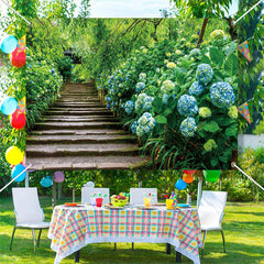 Aperturee - Blue Hydrangeas Brick Stairs Forest Spring Backdrop