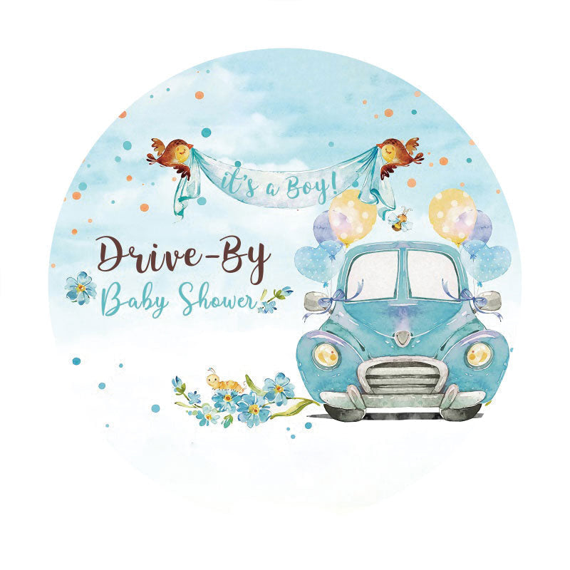 Aperturee - Blue Its A Buy Floral Round Baby Shower Backdrop