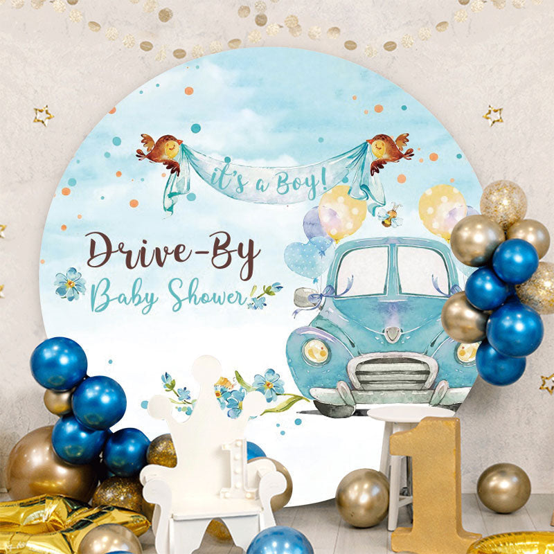 Aperturee - Blue Its A Buy Floral Round Baby Shower Backdrop