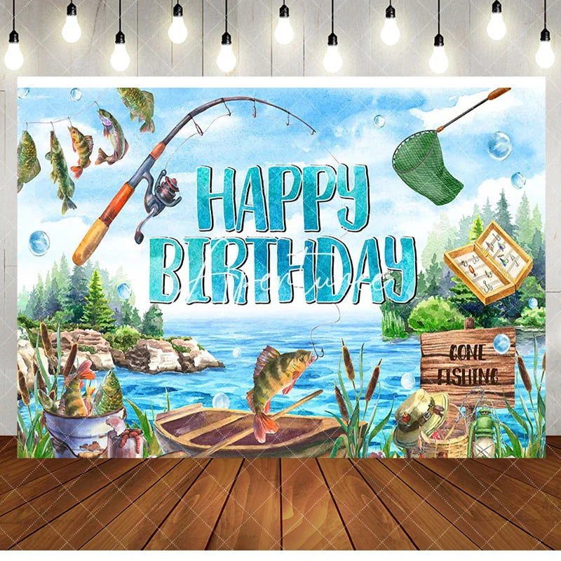 Aperturee - Blue Lake Wood Boat Fishing Happy Birthday Backdrop