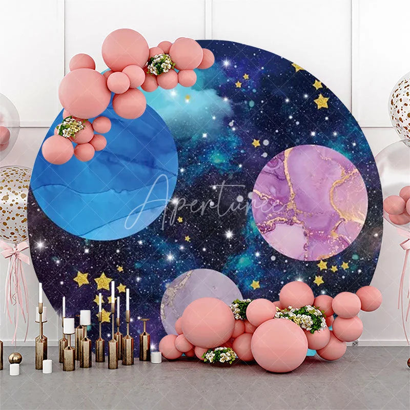 Aperturee - Blue Marble Texture Galaxy Round Birthday Backdrop
