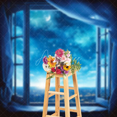 Aperturee - Blue Night Starry Quiet Town Window Backdrop