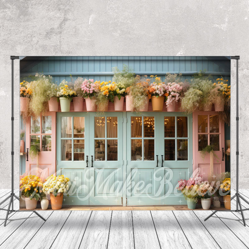Aperturee - Blue Pink Door Floral Vase Backdrop For Photography