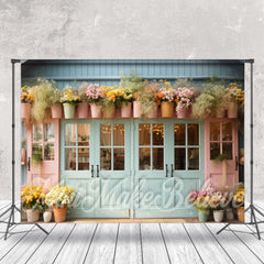 Aperturee - Blue Pink Door Floral Vase Backdrop For Photography