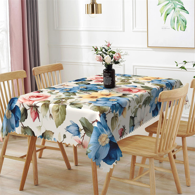 Aperturee - Blue Pink Floral Green Leaves Rectangle Tablecloth