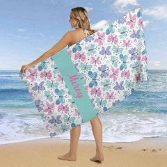 Aperturee - Blue Purple Butterfly Custom Name Beach Towel for Girl