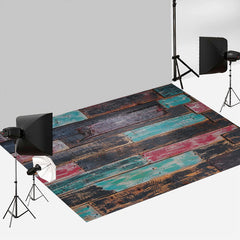 Aperturee - Blue Red Black Paint Brown Old Wood Rubber Floor Mat