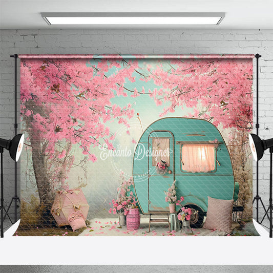Aperturee - Blue RV Peach Trees Spring Backdrop For Photography