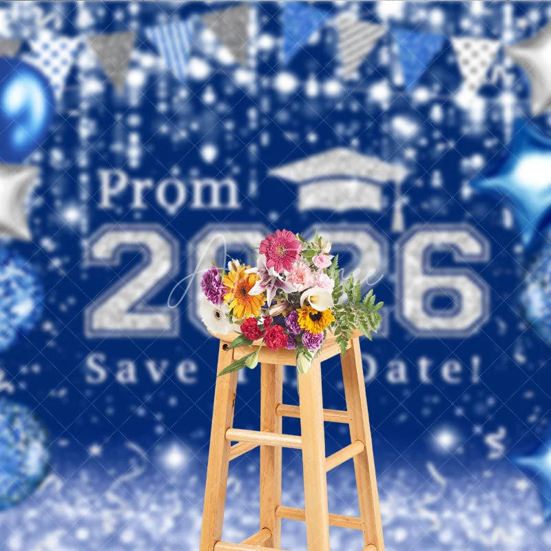 Aperturee - Blue Silver Balloons Bokeh Graduation Prom Backdrop