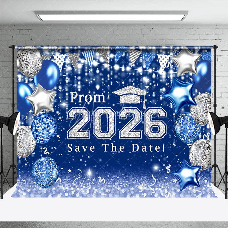 Aperturee - Blue Silver Balloons Bokeh Graduation Prom Backdrop