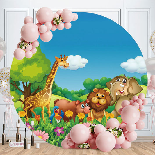 Aperturee - Blue Sky And Cute Animals Round Birthday Party Backdrop
