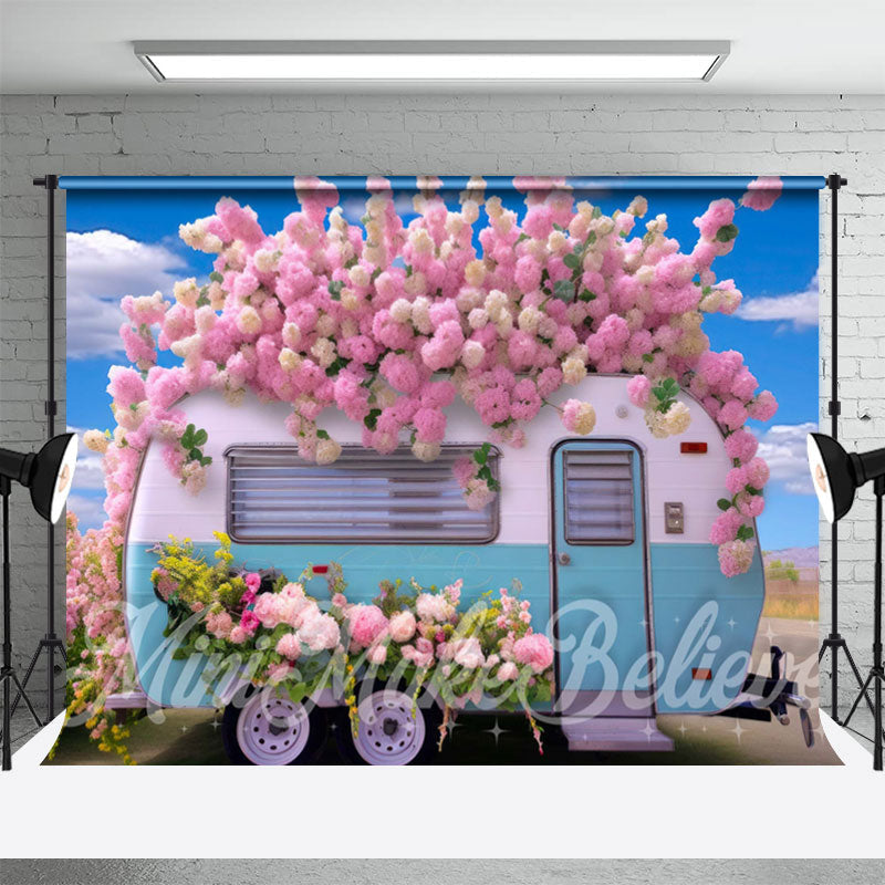 Aperturee - Blue Sky Pink Floral RV Photography Spring Backdrop