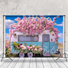 Aperturee - Blue Sky Pink Floral RV Photography Spring Backdrop