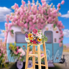 Aperturee - Blue Sky Pink Floral RV Photography Spring Backdrop