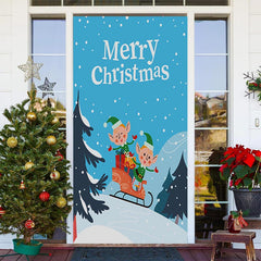 Aperturee - Blue Sky Snowy Forest Elf Merry Christmas Door Cover