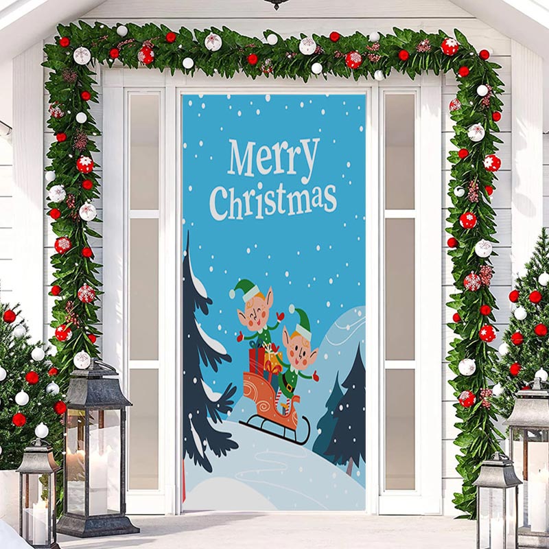 Aperturee - Blue Sky Snowy Forest Elf Merry Christmas Door Cover