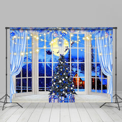 Aperturee - Blue Tree Window Moon Sleigh Christmas Backdrop
