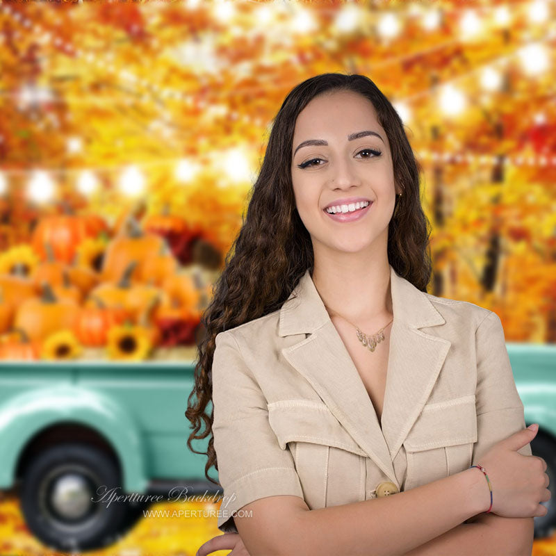 Aperturee - Blue Truck Light Pumpkin Maple Leaf Autumn Backdrop