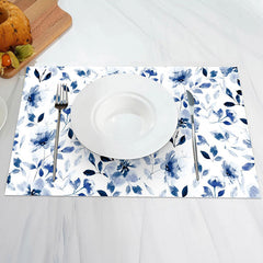 Aperturee - Blue Water Color Floral Leaves Set Of 4 Placemats