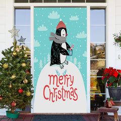 Aperturee - Blue White Penguin Snowy Merry Christmas Door Cover