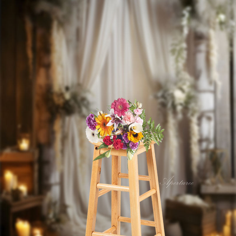 Aperturee - Bohemian White Curtain Candles Wedding Backdrop