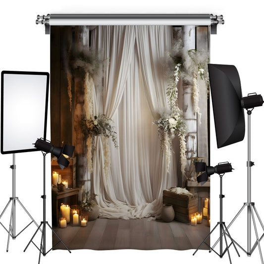 Aperturee - Bohemian White Curtain Candles Wedding Backdrop
