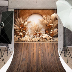 Aperturee - Boho Arch Floral Reed Wood Texture Floor Sweep Backdrop