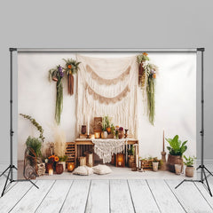 Aperturee - Boho Beige White Reed Wedding Room Set Backdrop